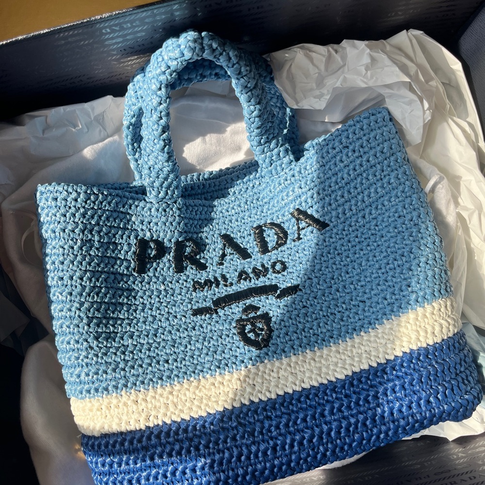 PRADA small raffia tote in Celeste Blue